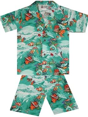 Toddler Short-Sleeve Button Up and Shorts Sea Life Set - Teal Green